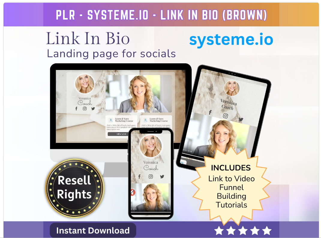 Link in Bio (Brown) SystemeIO with MRR+PLR Resell rights | Instagram bio  | Tiktok bio | SystemeIO page funnel