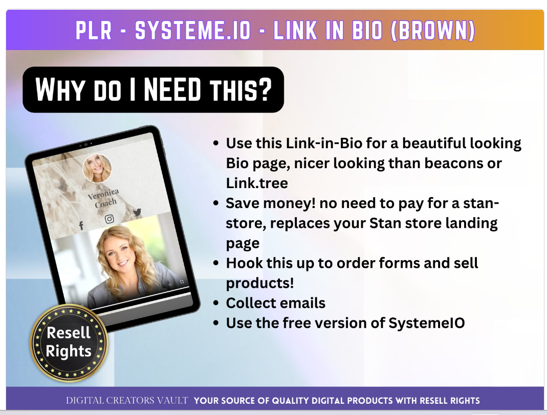 Link in Bio (Brown) SystemeIO with MRR+PLR Resell rights | Instagram bio  | Tiktok bio | SystemeIO page funnel