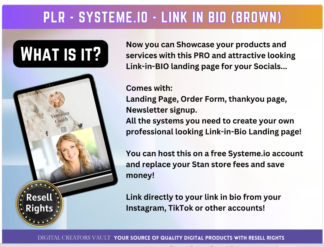 Link in Bio (Brown) SystemeIO with MRR+PLR Resell rights | Instagram bio  | Tiktok bio | SystemeIO page funnel