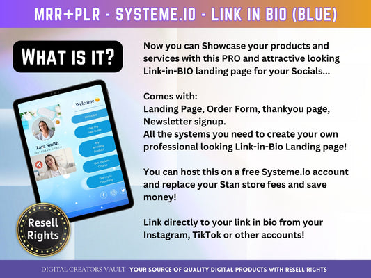 Link in Bio (Light Blue) SystemeIO with MRR+PLR Resell rights | Instagram bio  | Tiktok bio | SystemeIO page funnel