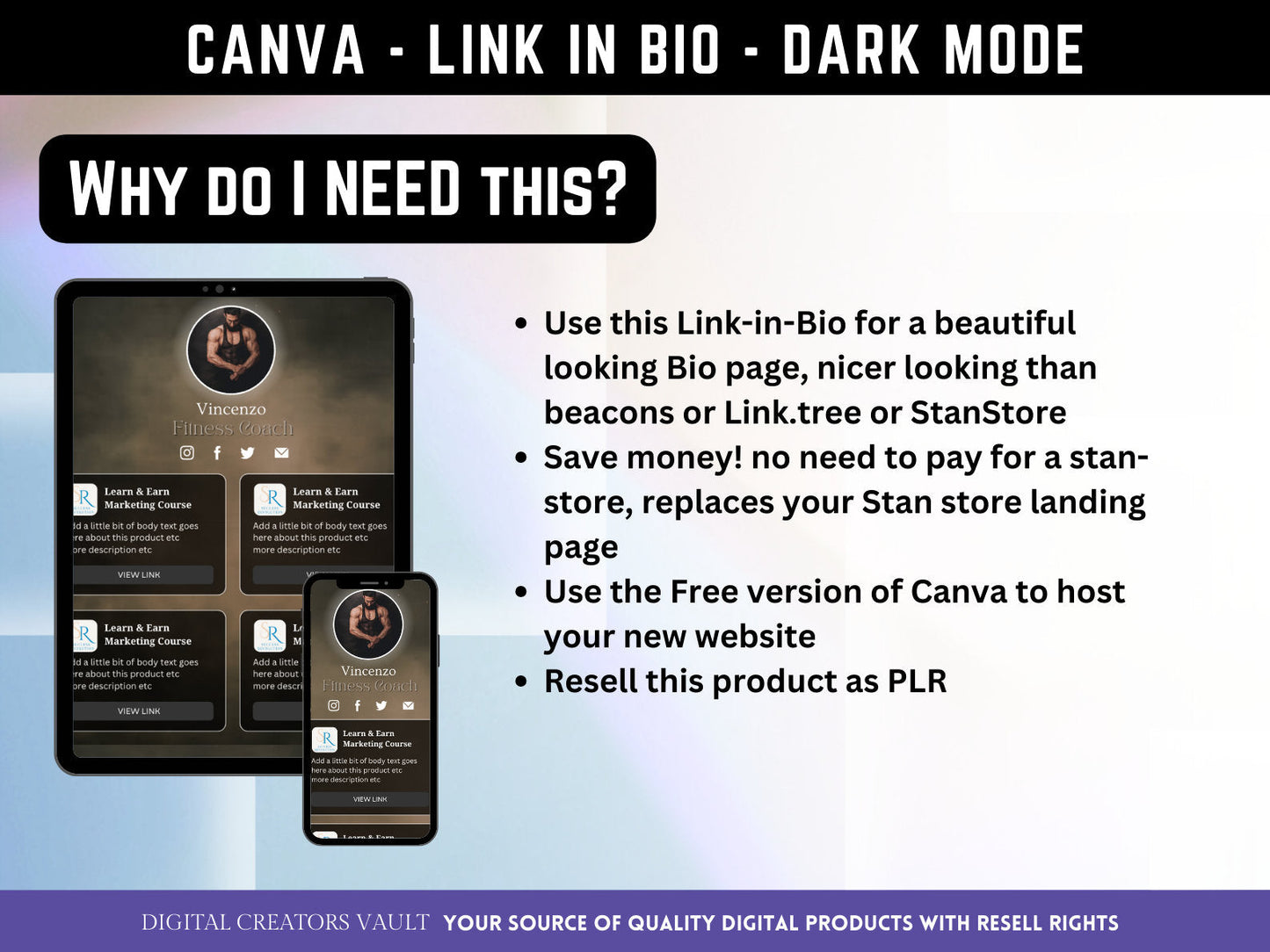 Canva Link in Bio landing page template DARK MODE - with PLR Resell rights | Instagram bio  | Tiktok bio | Canva page template