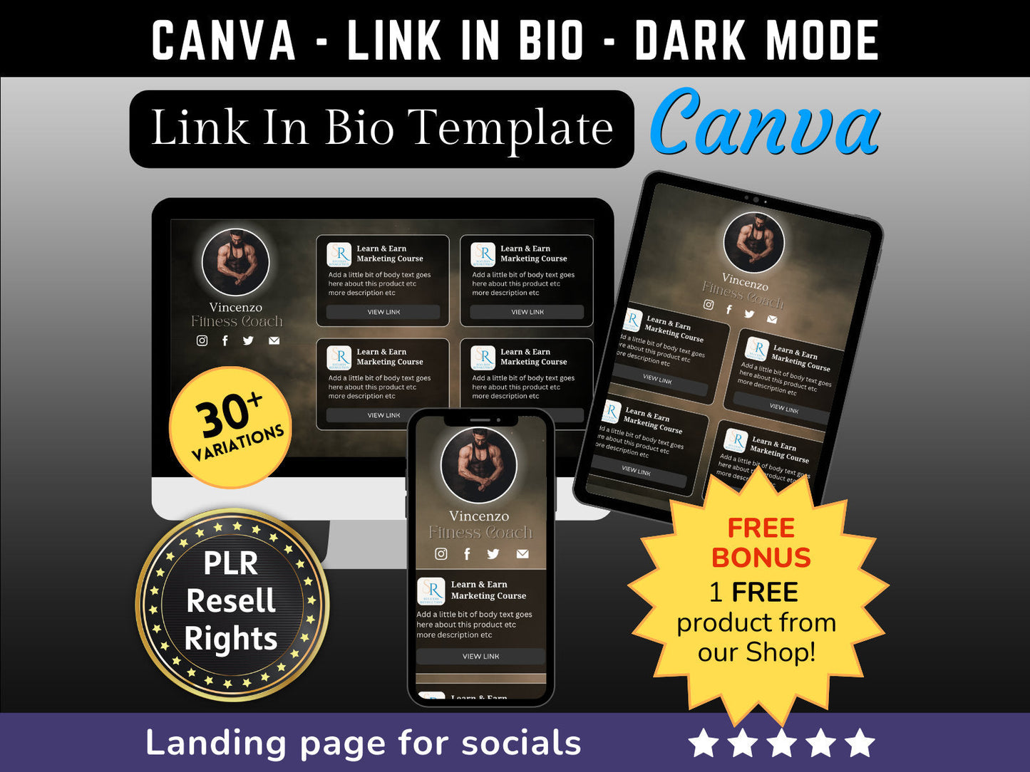 Canva Link in Bio landing page template DARK MODE - with PLR Resell rights | Instagram bio  | Tiktok bio | Canva page template