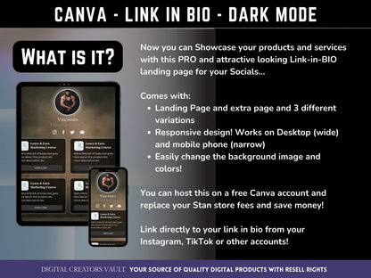 Canva Link in Bio landing page template DARK MODE - with PLR Resell rights | Instagram bio  | Tiktok bio | Canva page template