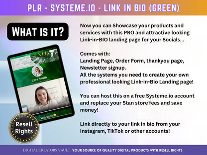 SystemeIO Link in Bio landing page template Resell rights (Green) | Instagram bio  | Tiktok bio | StanStore template replacer PLR