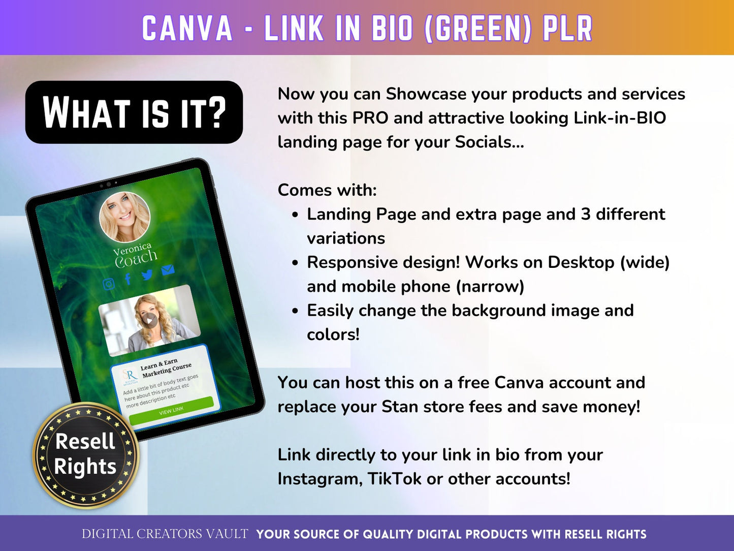 Canva Link in Bio landing page template (Green) with PLR Resell rights | Instagram bio  | Tiktok bio | Canva page template PLR