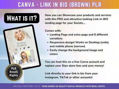 Canva Landing page website Template Link in Bio (Brown) with PLR Resell rights - Replace your Instagram bio | Tiktok bio | Stanstore bio