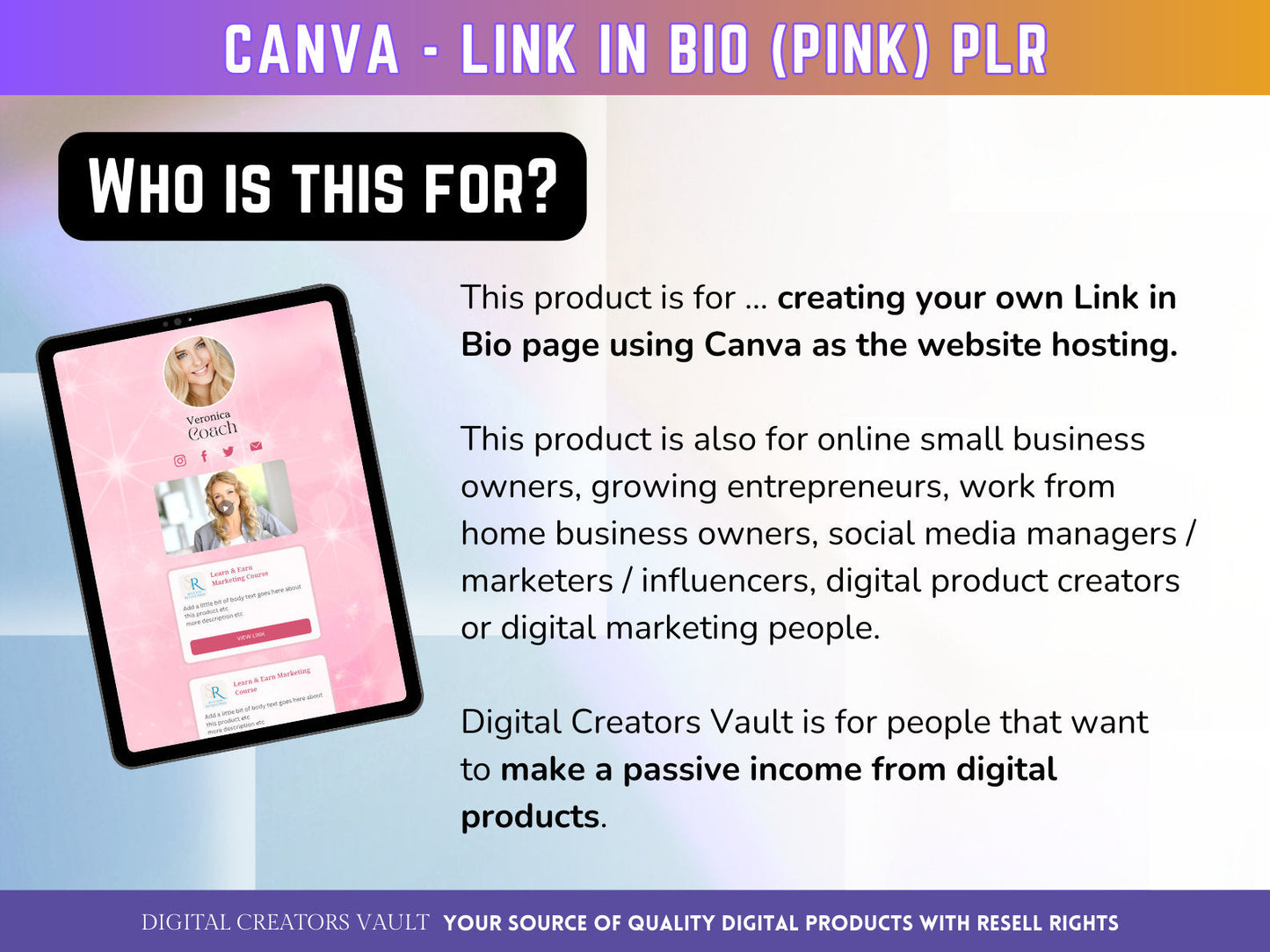 Canva Link in Bio landing page template (Pink) with PLR Resell rights | Instagram bio  | Tiktok bio | Canva page template PLR