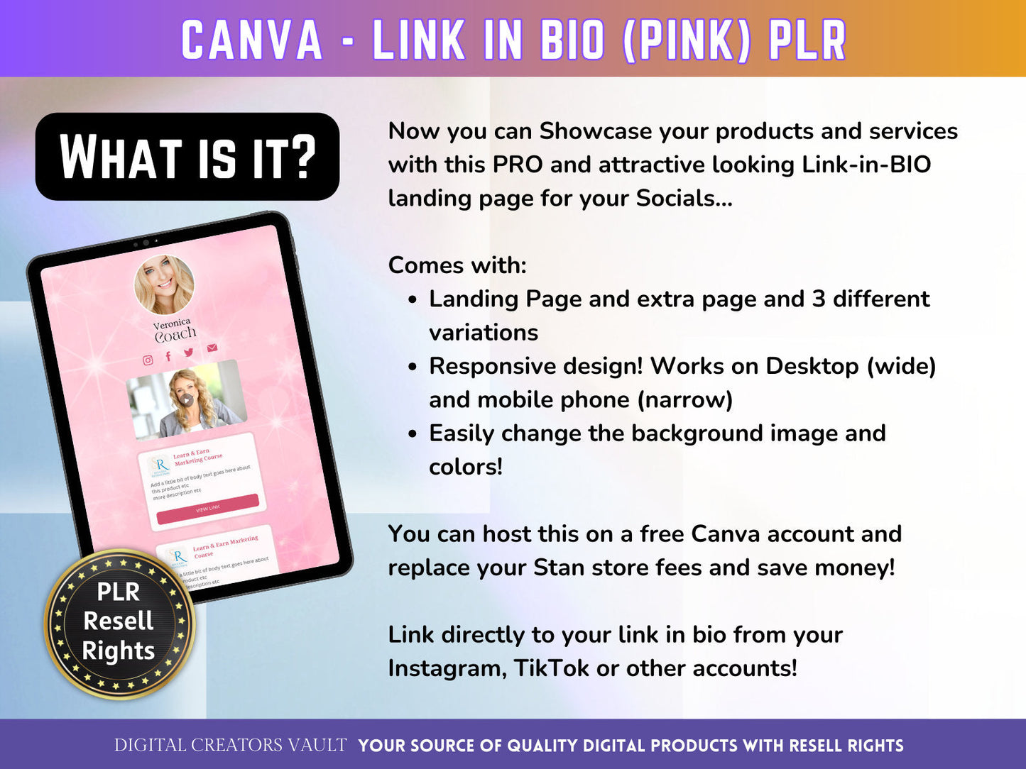 Canva Link in Bio landing page template (Pink) with PLR Resell rights | Instagram bio  | Tiktok bio | Canva page template PLR