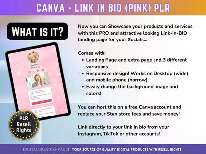 Canva Link in Bio landing page template (Pink) with PLR Resell rights | Instagram bio  | Tiktok bio | Canva page template PLR