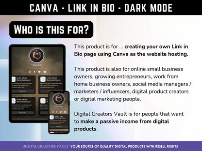 Canva Link in Bio landing page template DARK MODE - with PLR Resell rights | Instagram bio  | Tiktok bio | Canva page template