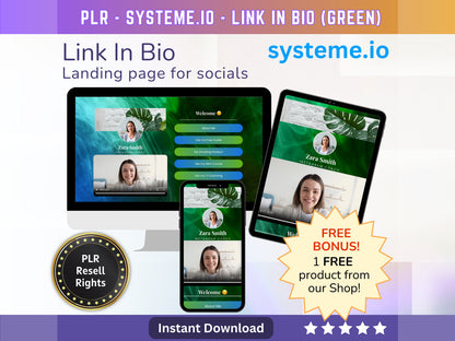 SystemeIO Link in Bio landing page template Resell rights (Green) | Instagram bio  | Tiktok bio | StanStore template replacer PLR