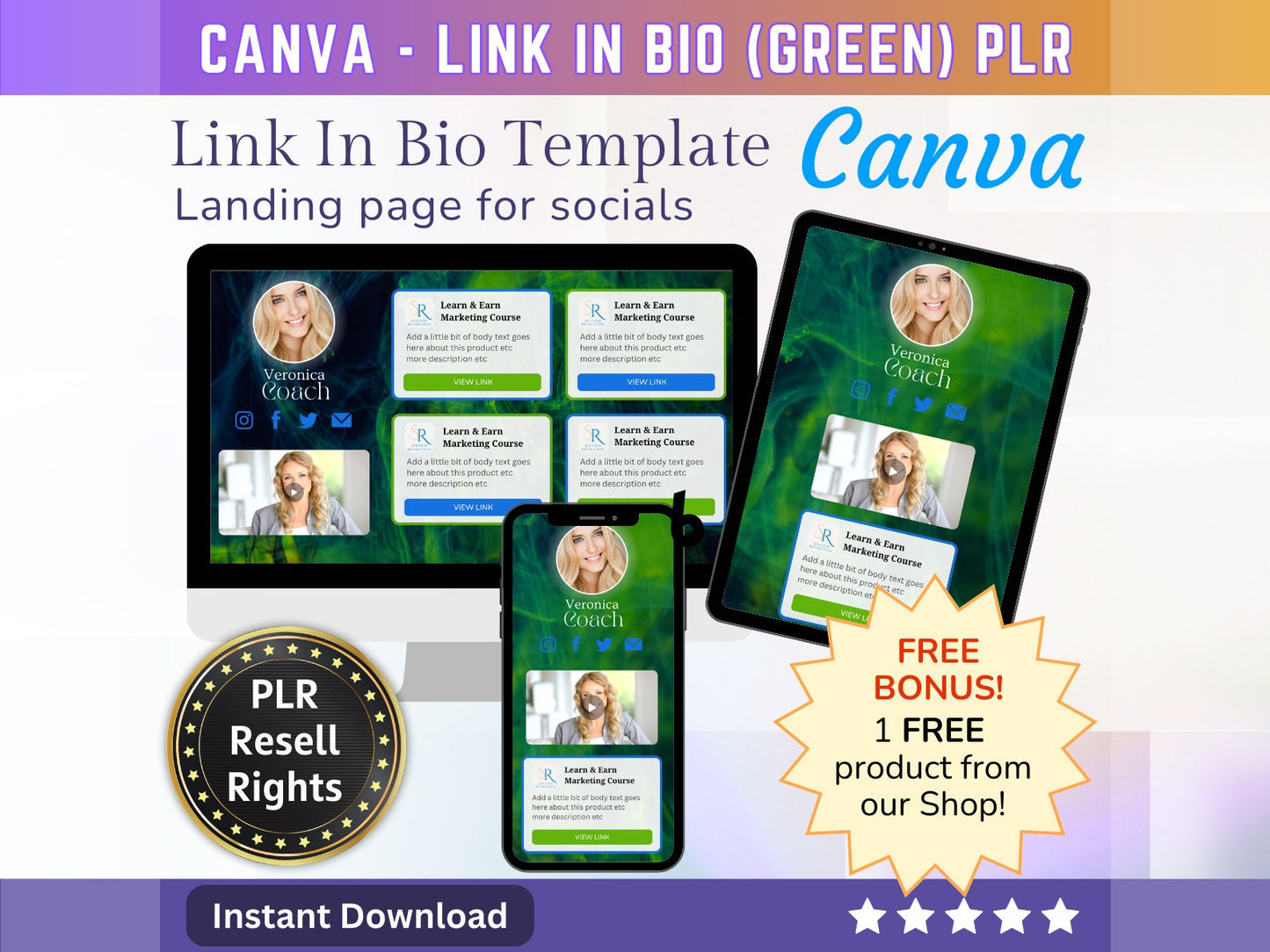 Canva Link in Bio landing page template (Green) with PLR Resell rights | Instagram bio  | Tiktok bio | Canva page template PLR