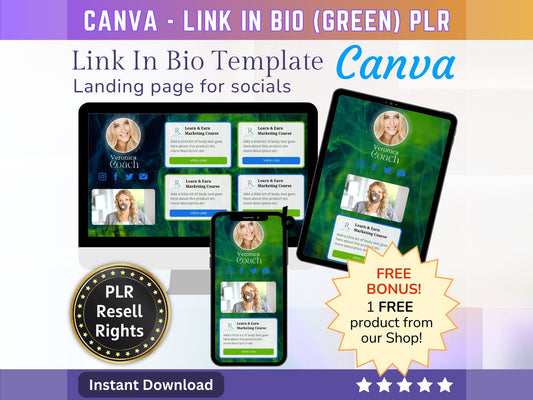 Canva Link in Bio landing page template (Green) with PLR Resell rights | Instagram bio  | Tiktok bio | Canva page template PLR