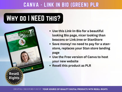 Canva Link in Bio landing page template (Green) with PLR Resell rights | Instagram bio  | Tiktok bio | Canva page template PLR