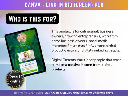 Canva Link in Bio landing page template (Green) with PLR Resell rights | Instagram bio  | Tiktok bio | Canva page template PLR