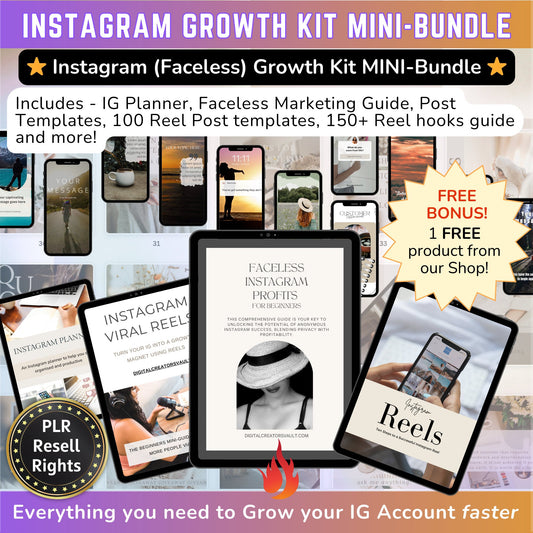 Instagram Growth Kit MINI-Bundle: Faceless Instagram mini-guide, Instagram Post Templates, Instagram Story Reels graphics, Instagram planner