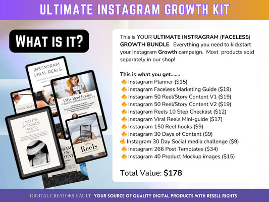 Faceless Instagram Growth Kit MEGA-Bundle: Instagram mini-guides, Instagram Post Templates, Instagram Story Reels graphics, Instagram planner