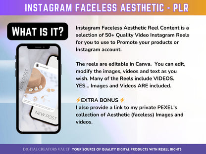 50+ Faceless Instagram Reel Templates | Aesthetic Reels | Reels Canva templates | Content Creator Reel | PLR - V1