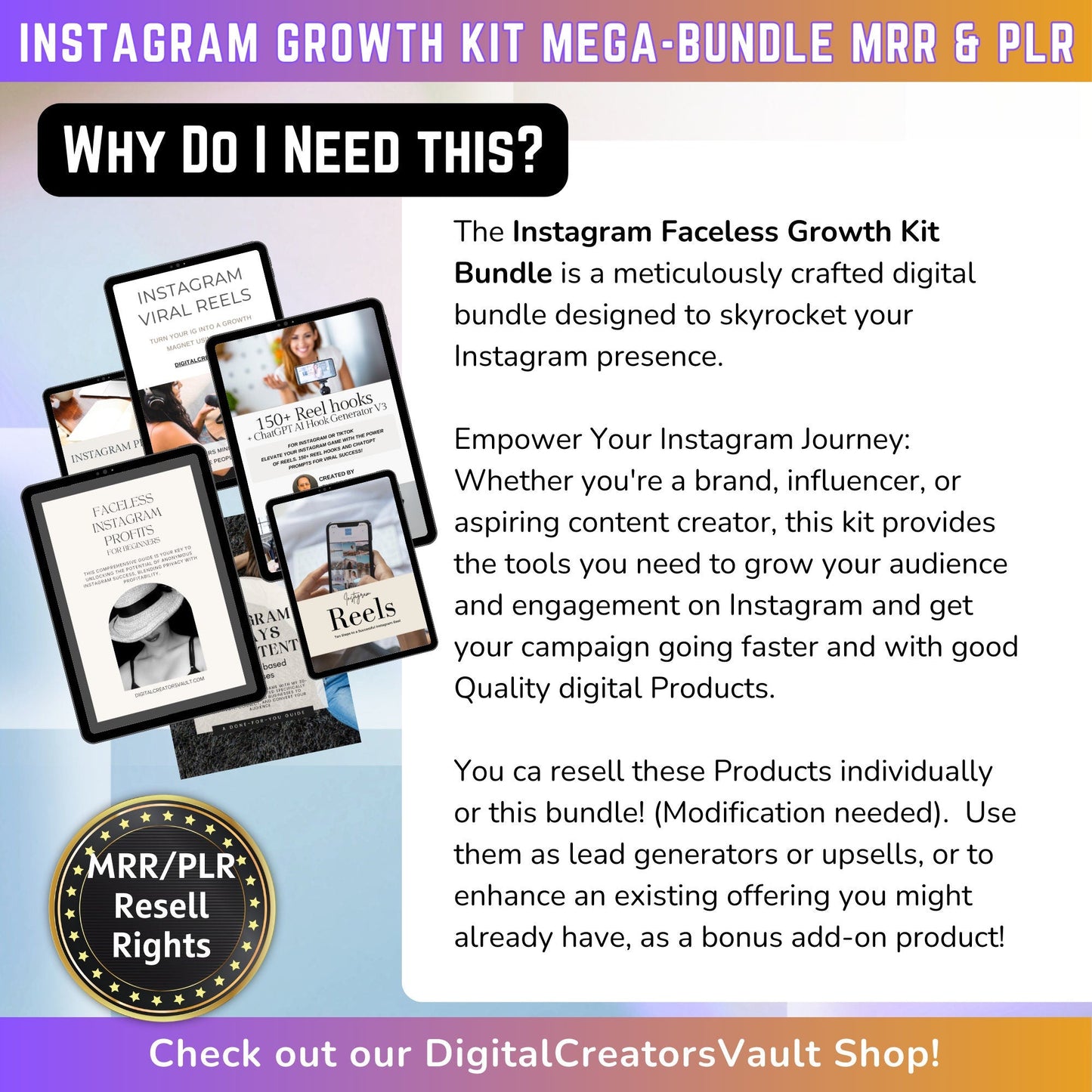 Instagram Faceless Growth Kit MEGA-Bundle: Faceless Instagram mini-guide, Instagram Templates, Instagram Reels graphics + Planner- MRR + PLR