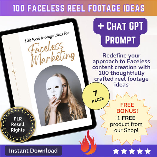 100 Faceless Instagram Reel Footage Ideas mini-EBook + Chat GPT Prompt PLR: Anonymous Marketing + Faceless Reel ideas