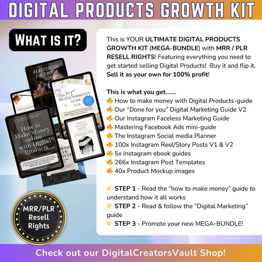 Digital Products Growth KIT mega-bundle - Digital marketing - Instagram - Ebook guides - Work from home MRR PLR resell rights passive income