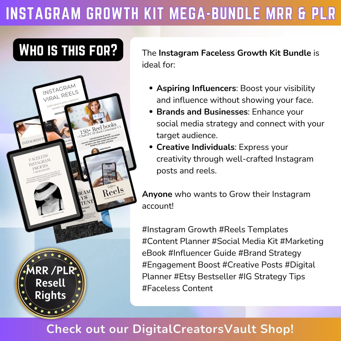 Instagram Faceless Growth Kit MEGA-Bundle: Faceless Instagram mini-guide, Instagram Templates, Instagram Reels graphics + Planner- MRR + PLR