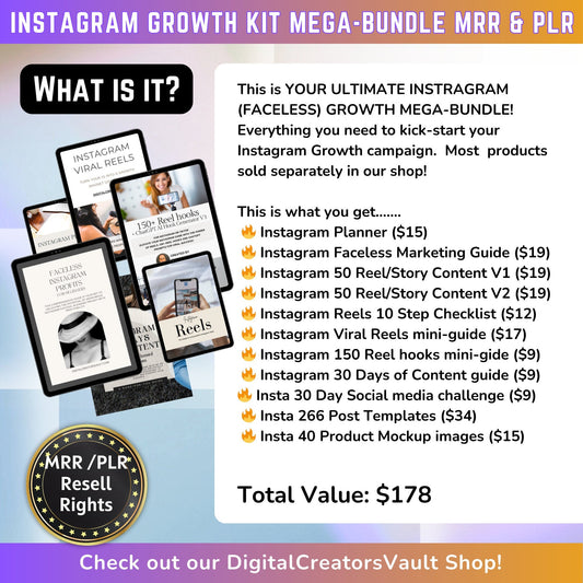 Instagram Faceless Growth Kit MEGA-Bundle: Faceless Instagram mini-guide, Instagram Templates, Instagram Reels graphics + Planner- MRR + PLR