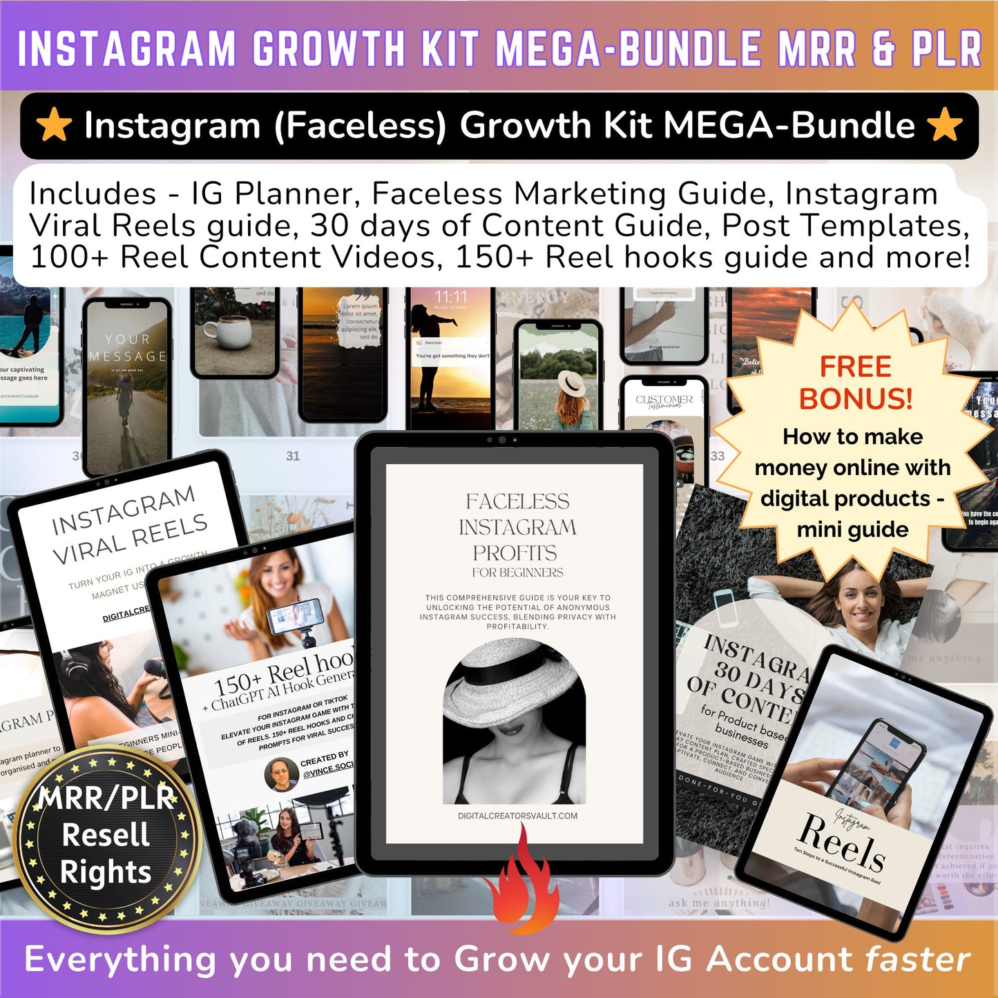 Instagram Faceless Growth Kit MEGA-Bundle: Faceless Instagram mini-guide, Instagram Templates, Instagram Reels graphics + Planner- MRR + PLR