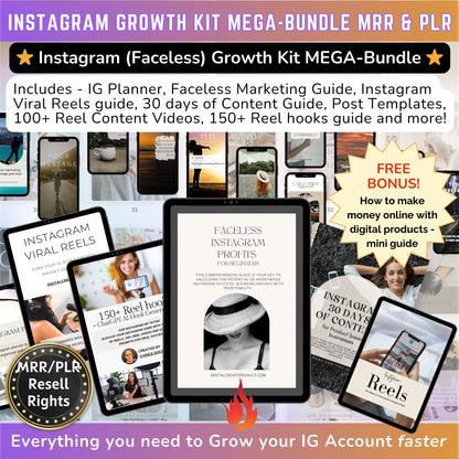 Instagram Faceless Growth Kit MEGA-Bundle: Faceless Instagram mini-guide, Instagram Templates, Instagram Reels graphics + Planner- MRR + PLR