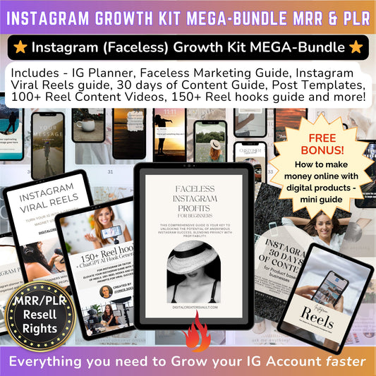 Instagram Faceless Growth Kit MEGA-Bundle: Faceless Instagram mini-guide, Instagram Templates, Instagram Reels graphics + Planner- MRR + PLR