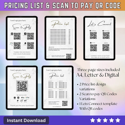 Price List Scan to Pay QR Code Lets Connect Canva Editable Template - Printable table sign pricing guide for small Business Owners SMB - PLR