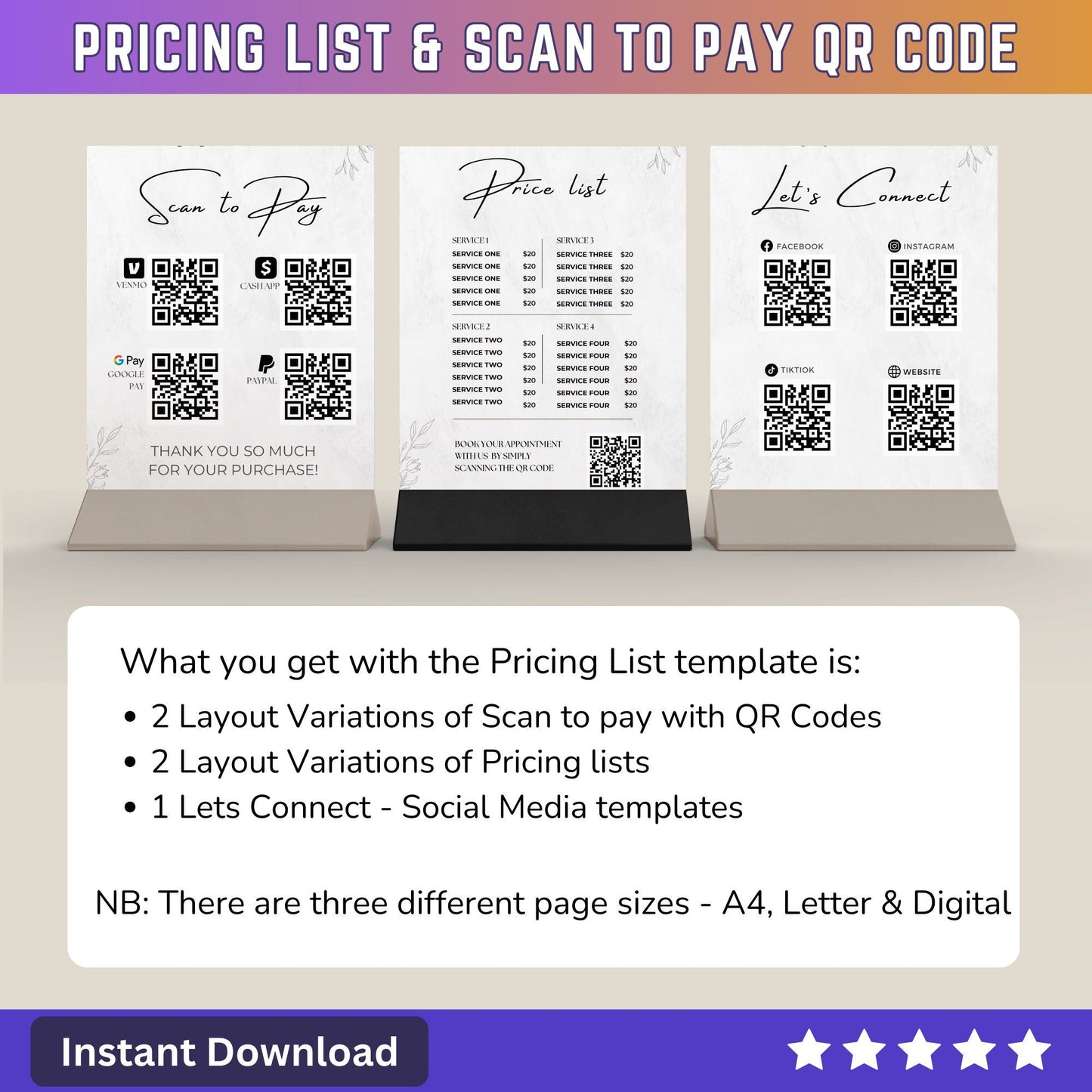 Price List Scan to Pay QR Code Lets Connect Canva Editable Template - Printable table sign pricing guide for small Business Owners SMB - PLR