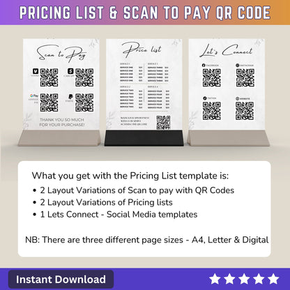 Price List Scan to Pay QR Code Lets Connect Canva Editable Template - Printable table sign pricing guide for small Business Owners SMB - PLR