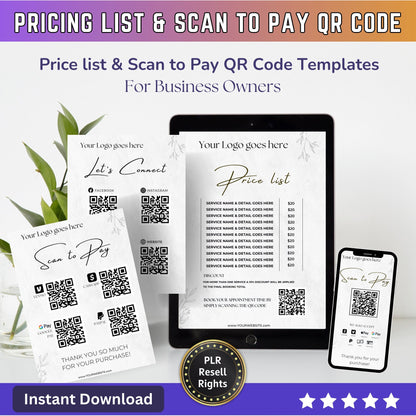 Price List Scan to Pay QR Code Lets Connect Canva Editable Template - Printable table sign pricing guide for small Business Owners SMB - PLR